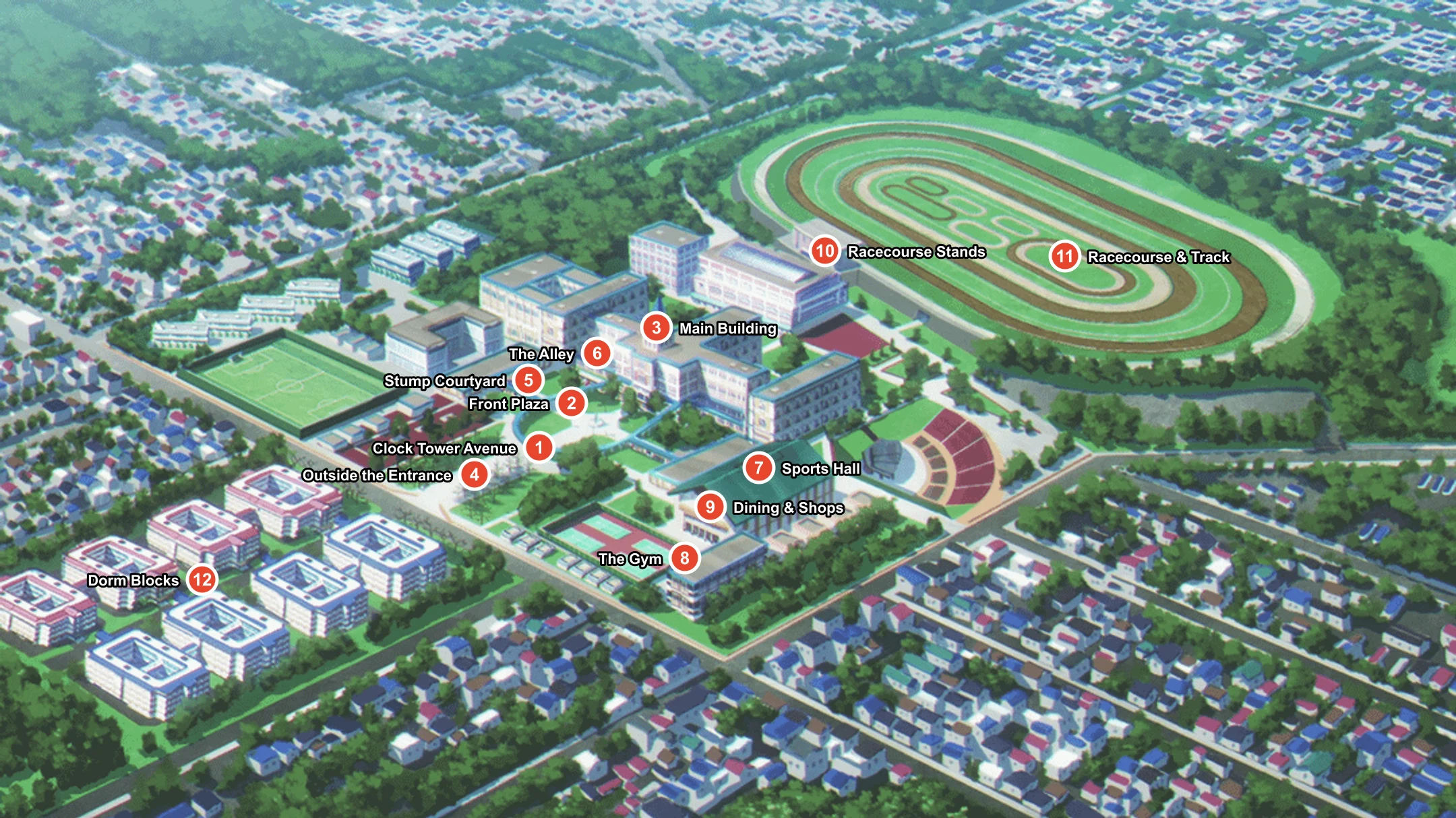 Aerial map of Tracen Academy with twelve numbered locations marked