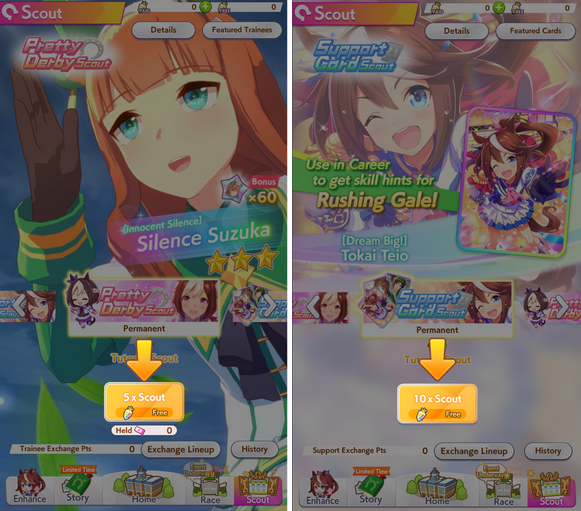 Scouting on the Trainee Banner and Support Card Banner in the tutorial.